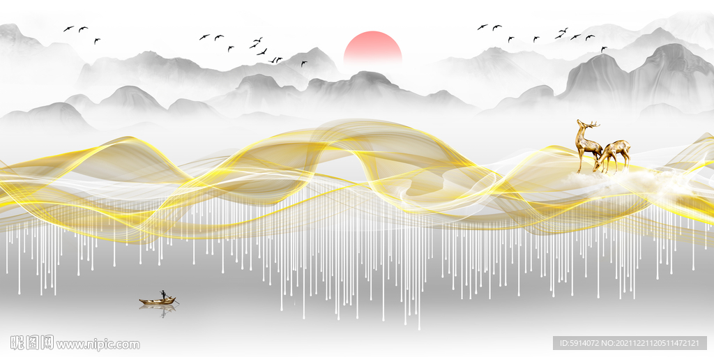 晶瓷画线条抽象画麋鹿