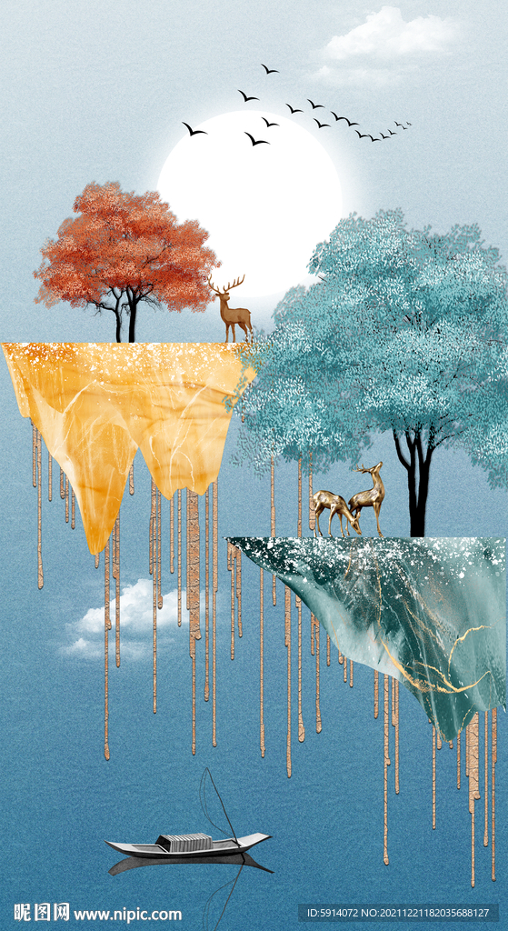 瓷晶画山水风景画麋鹿