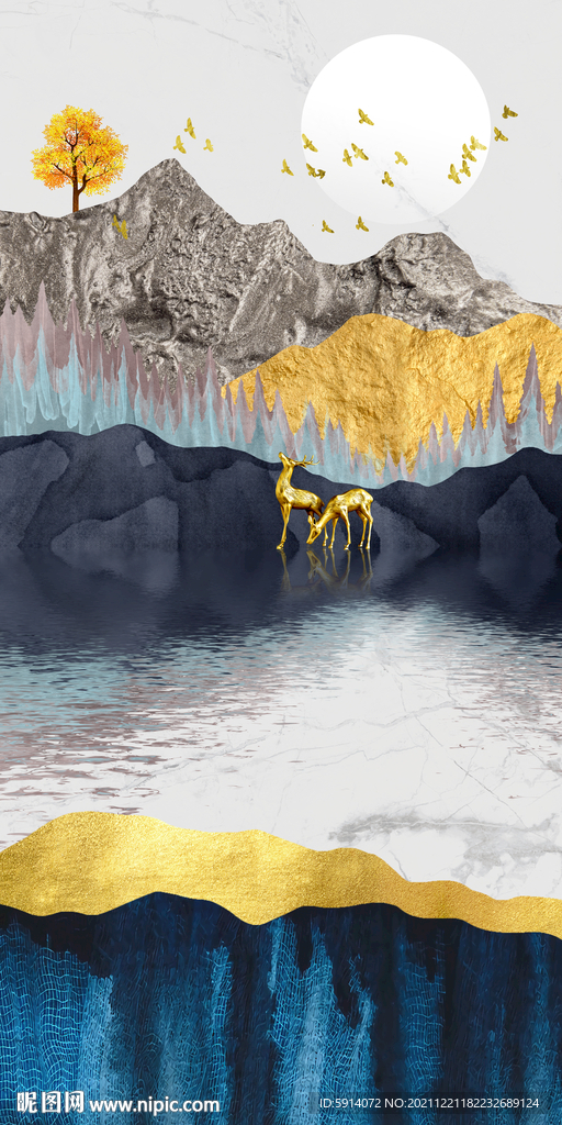 瓷晶画山水风景画麋鹿