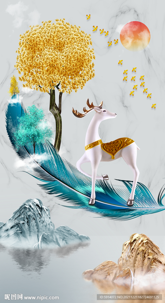 瓷晶画山水风景画麋鹿羽毛