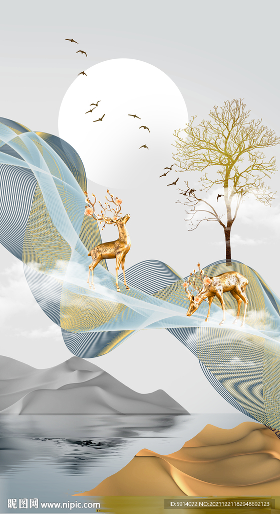 瓷晶画线条抽象画山水风景画麋鹿