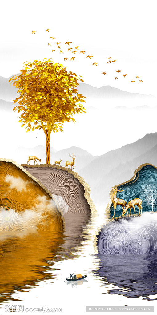 瓷晶画山水风景画麋鹿