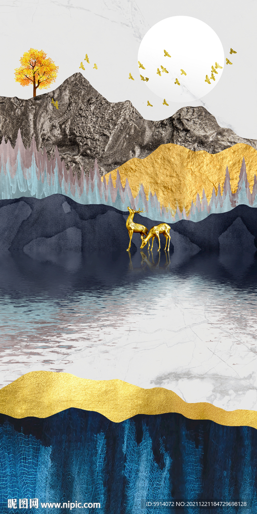 瓷晶画山水风景画麋鹿