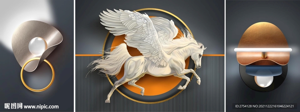 晶瓷画几何抽象图光影三联画天马