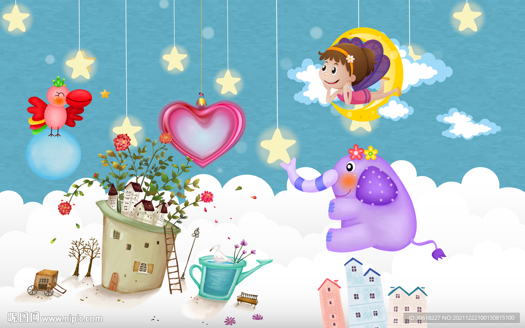 北欧手绘卡通儿童房背景墙