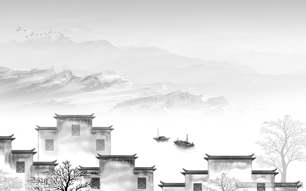 徽派现代灰山水画 TIF分层