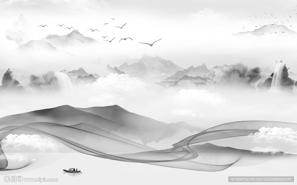 中式灰色客厅山水 TIF分层