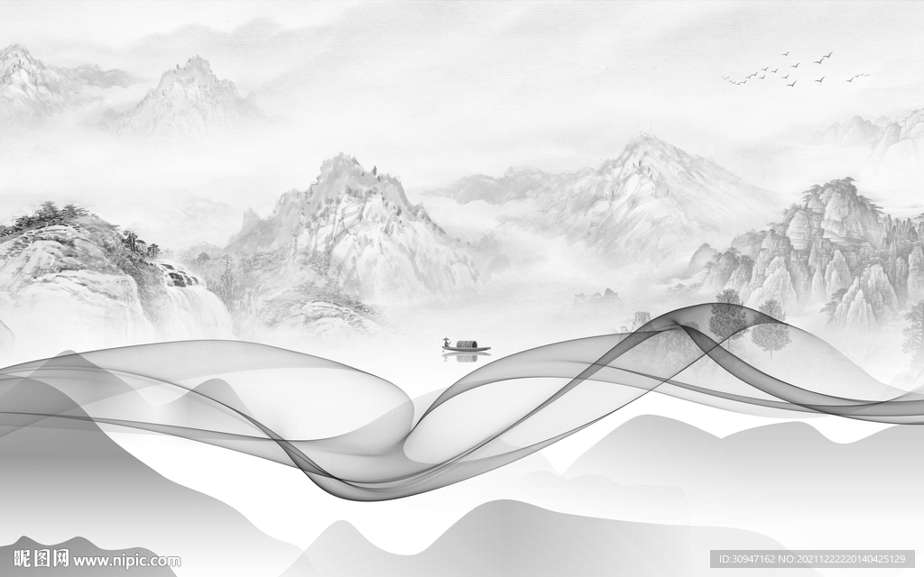 高端 灰色客厅山水 TIF分层