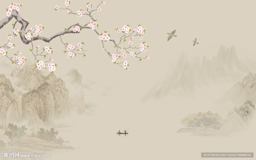 工笔花鸟山水画背景墙