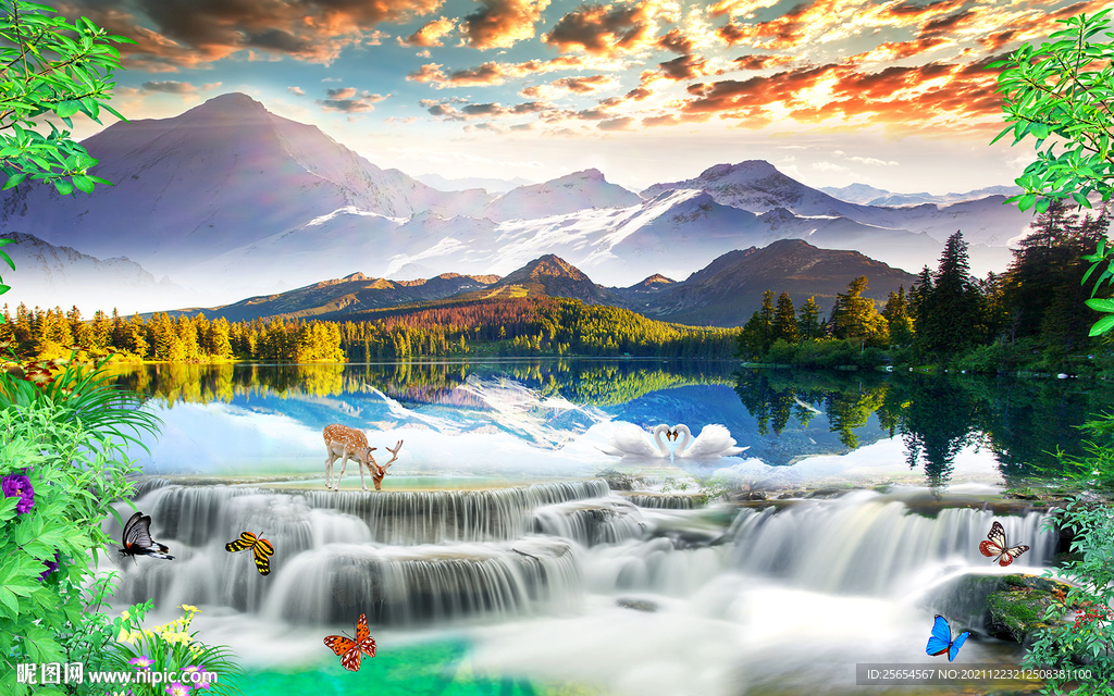 溪水流水背景墙贴纸