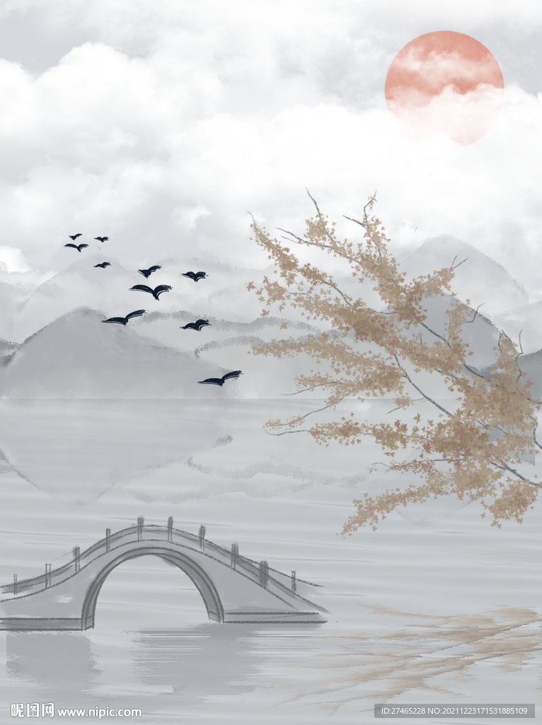 唯美中国古风水墨画手绘背景