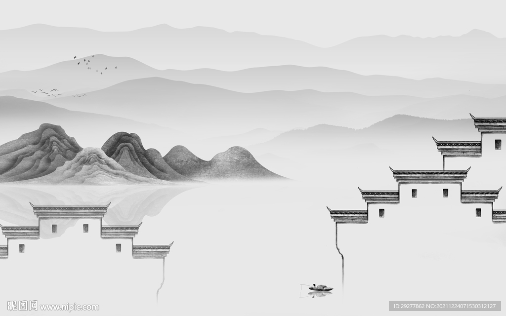 徽派灰色背景山水 tif分层