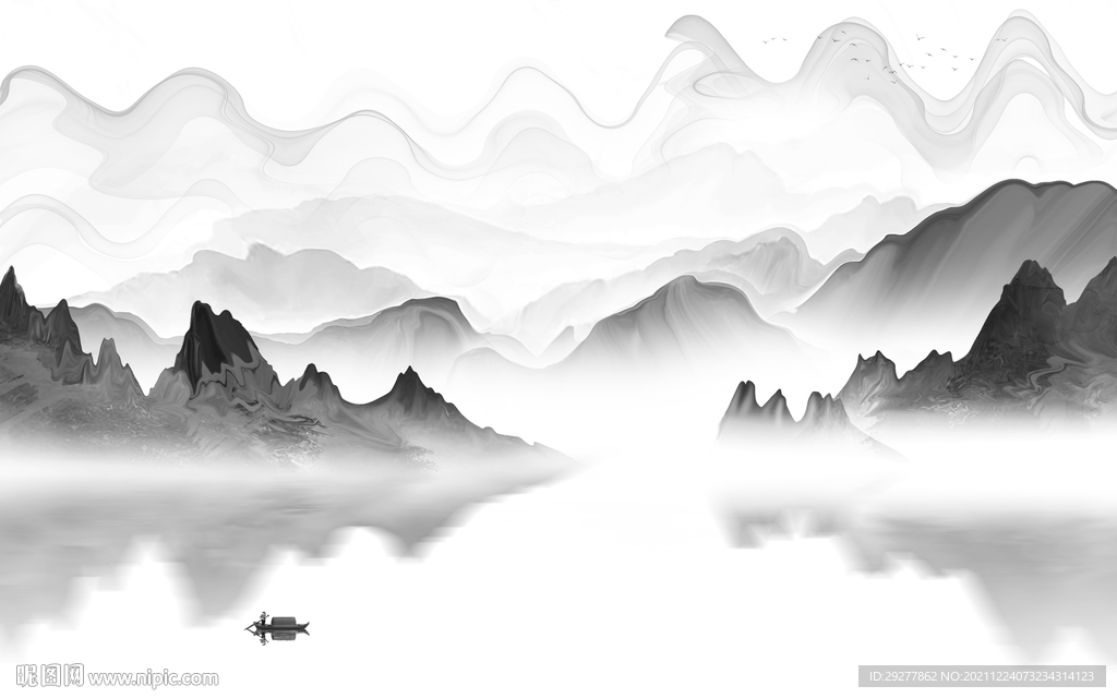 新中式灰色背景山水 tif分层