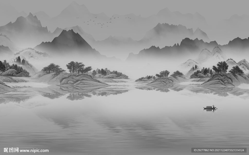 中式 灰色背景山水 tif分层