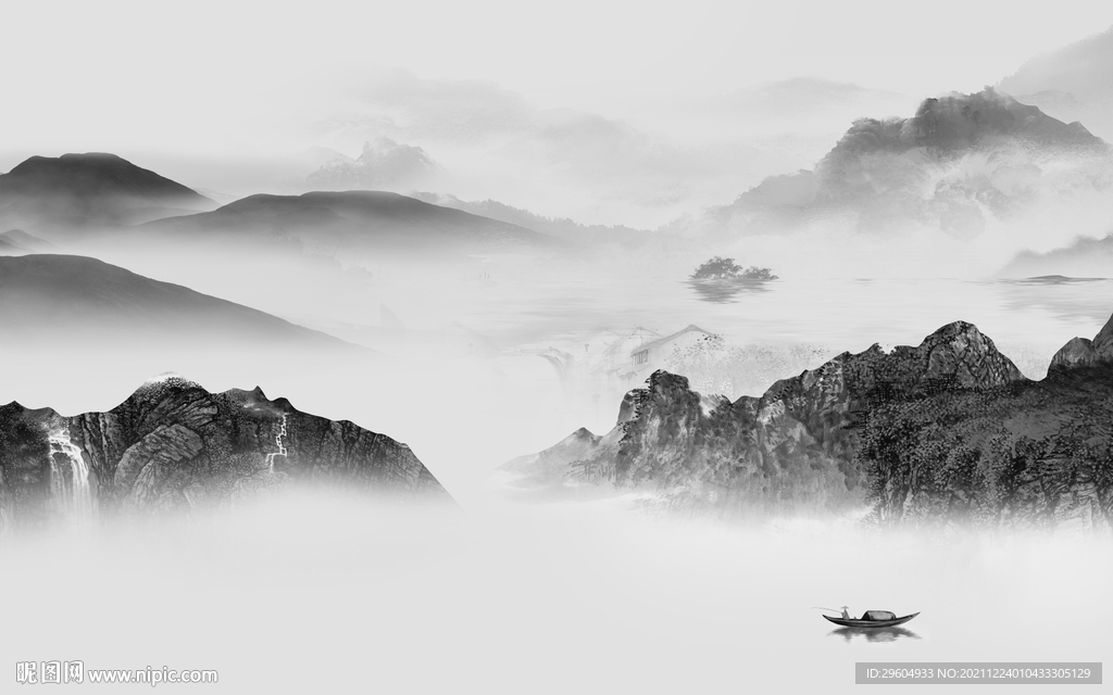 新品 意境灰色山水 tif分层