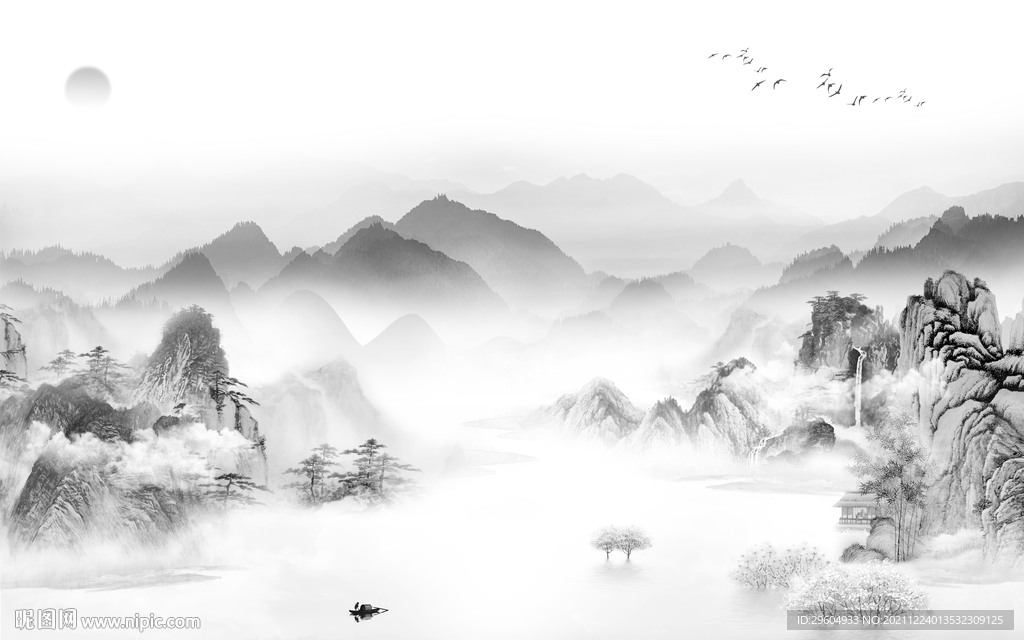 中国风灰色山水背景 tif分层