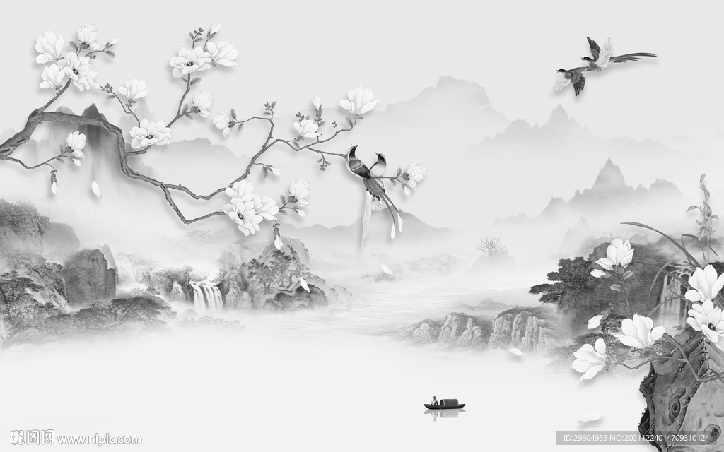 花鸟灰色山水背景 tif分层