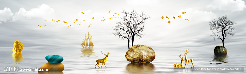 晶瓷画山水风景画石头麋鹿