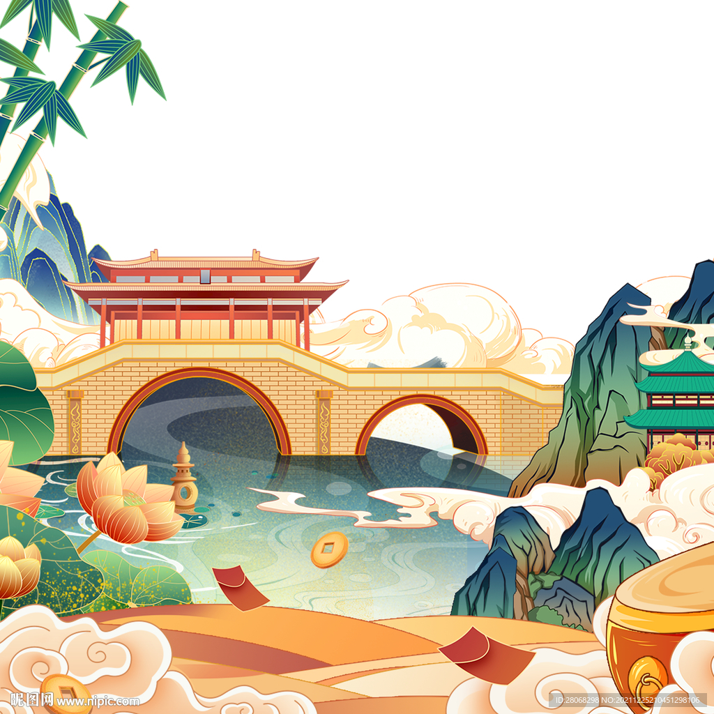 国潮插画云雾山脉元素