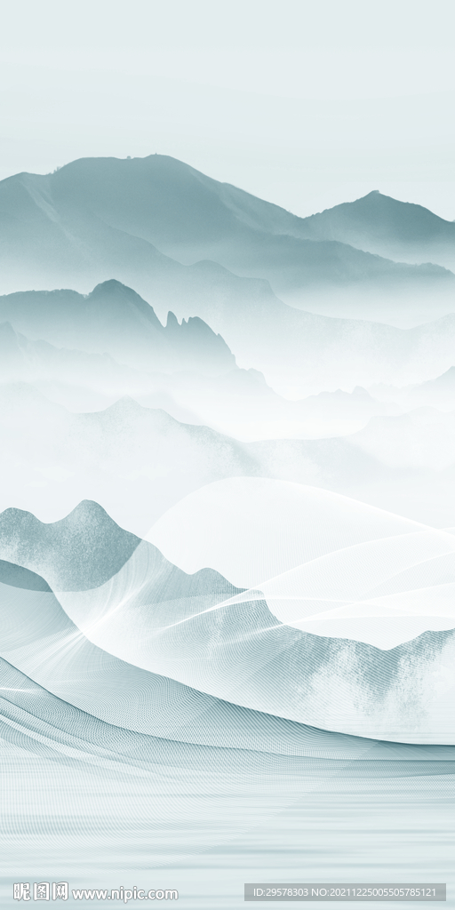 蓝色 玄关画山水图 文件分层 