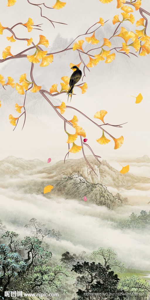花鸟玄关背景山水 文件分层 