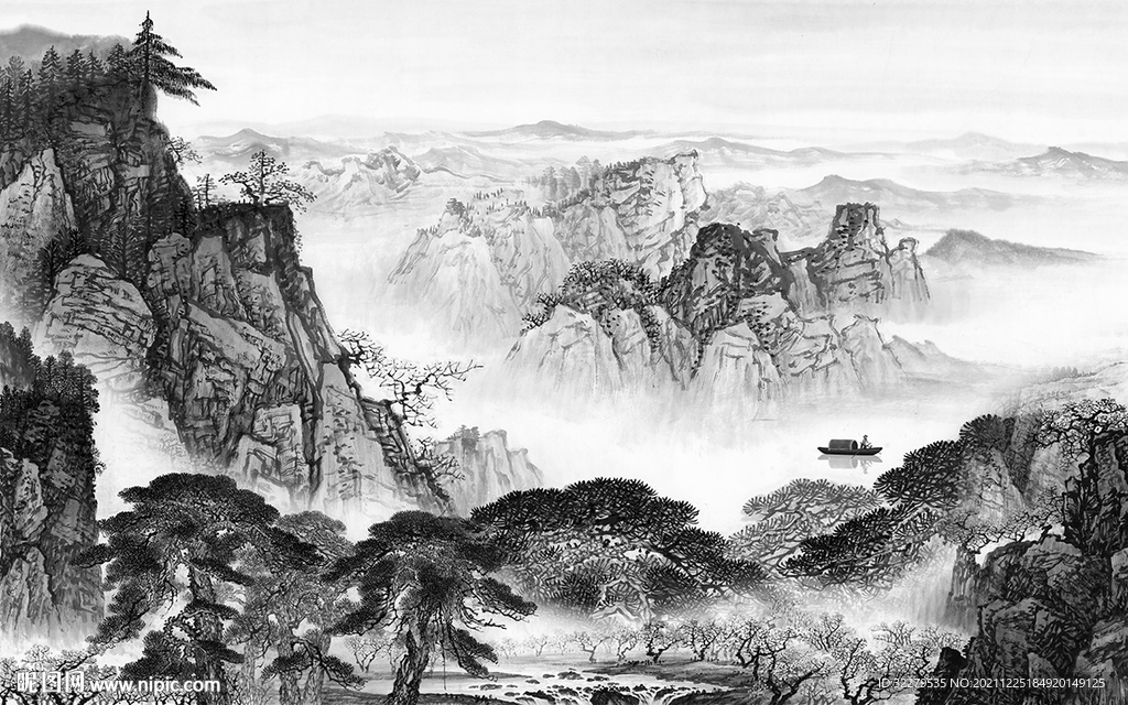 客厅中式灰色山水 分层TIF