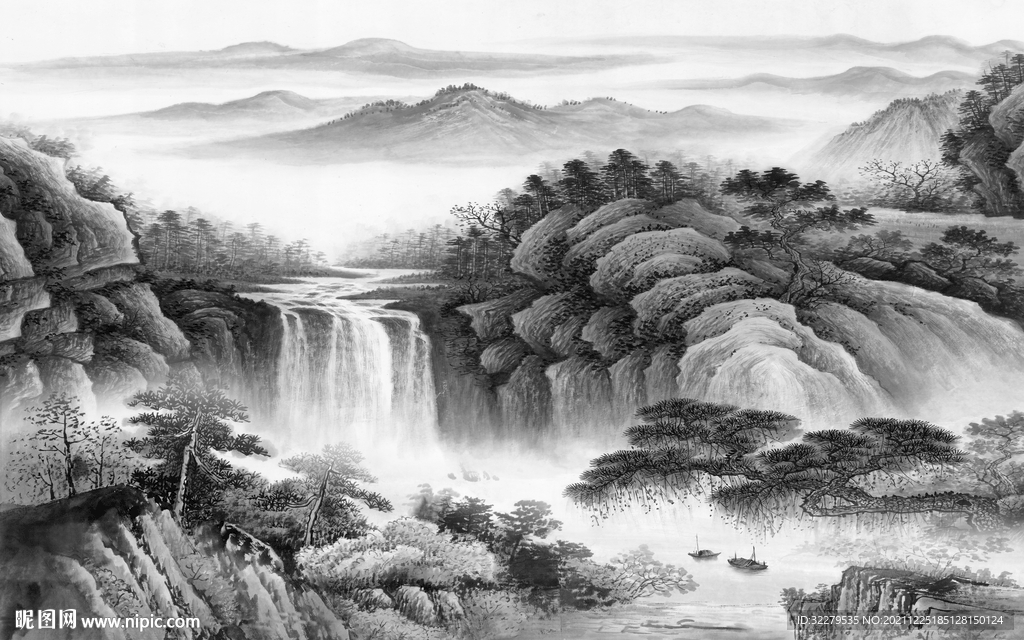 爆款中式灰色山水 分层TIF