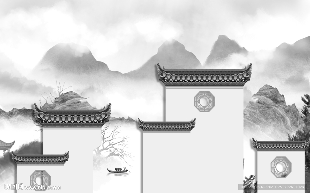 徽派中式灰色山水 分层TIF