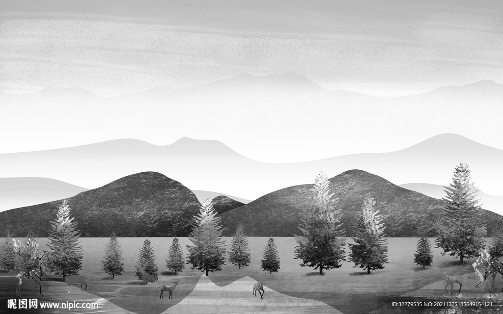 简约 中式灰色山水 分层TIF