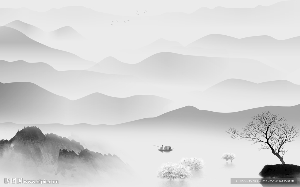 新 中式灰色山水 分层TIF