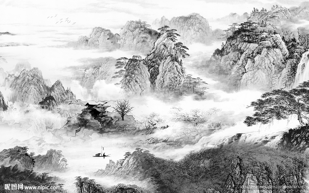中国风灰色爆款山水 分层TIF