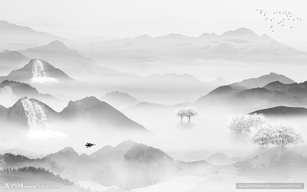 人气 中式灰色山水 分层TIF