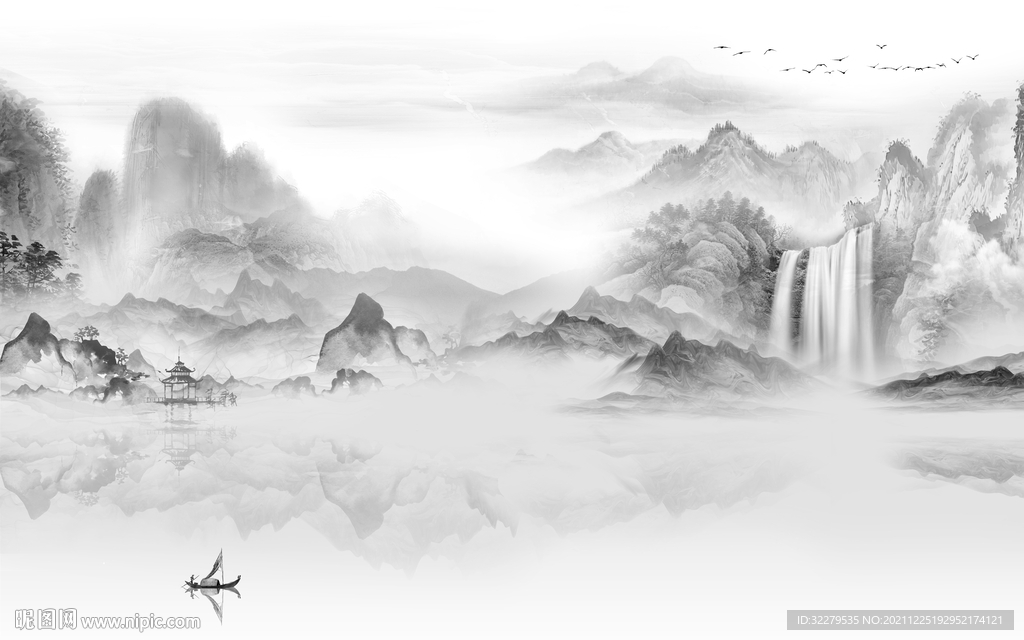 高清 灰色爆款山水 分层TIF