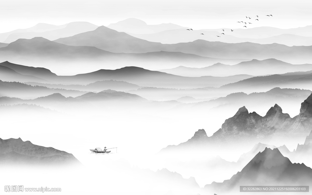 客厅意境灰色山水 文件分层 