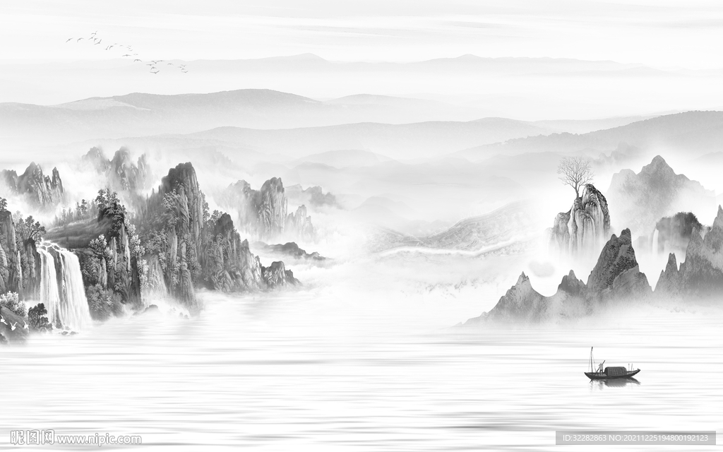 爆款意境灰色山水 文件分层 