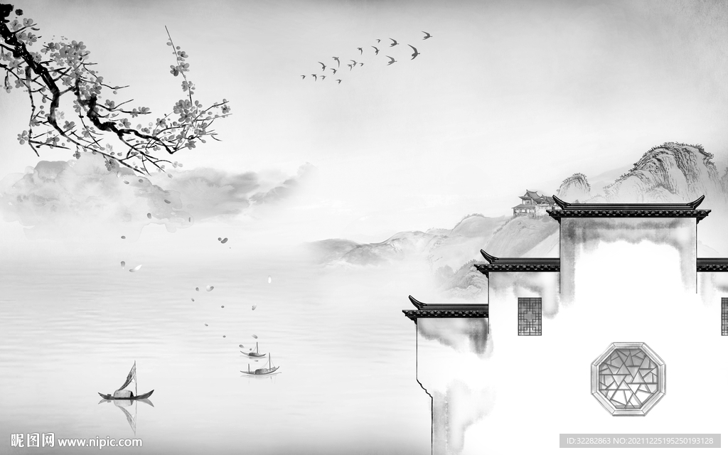 徽派意境灰色山水 文件分层 