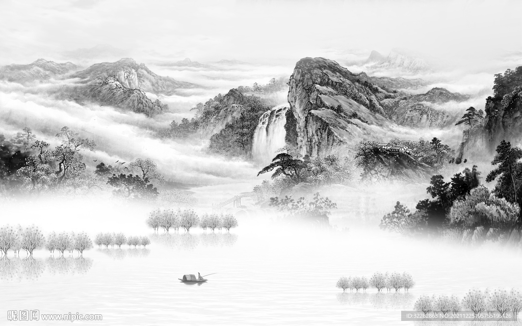 别墅 中式灰色山水 文件分层 