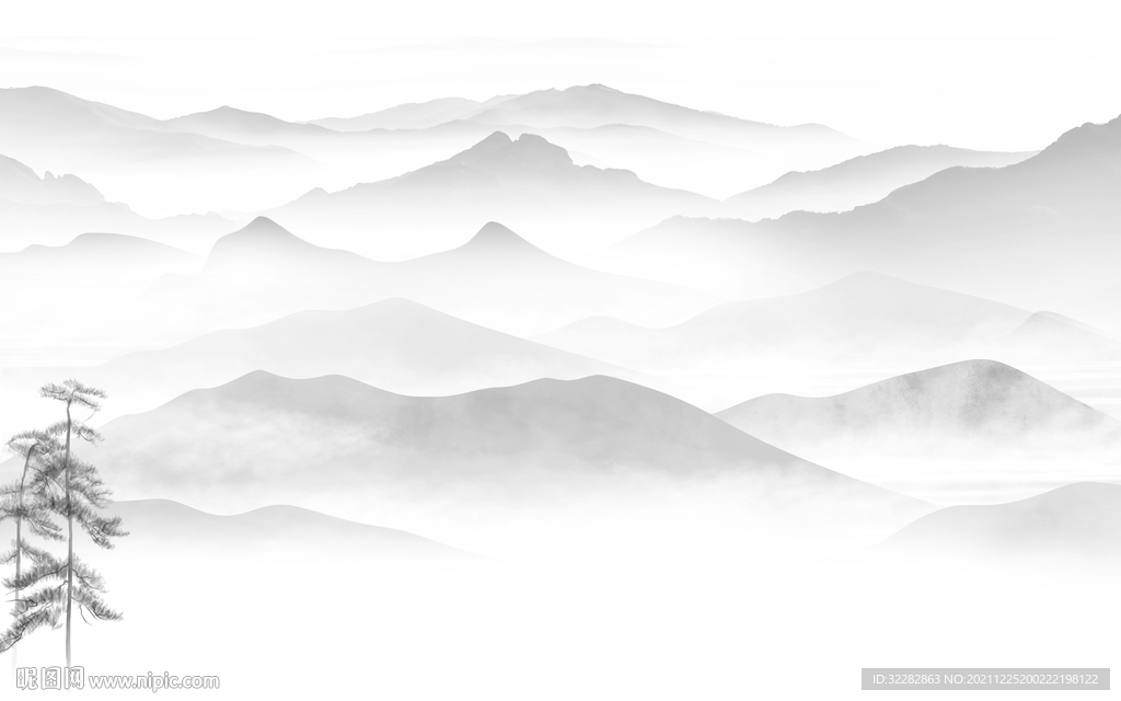 爆款 中式灰色山水 文件分层 