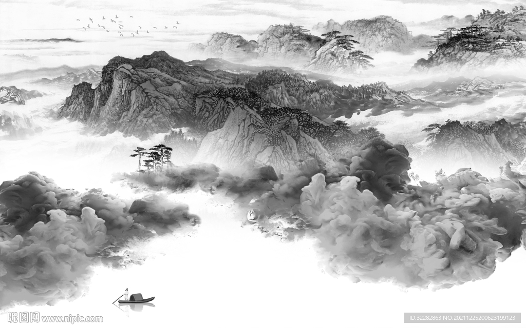 高端中式灰色山水 文件分层 