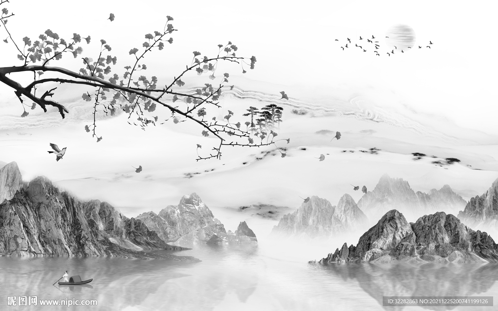 花鸟中式灰色山水 文件分层 