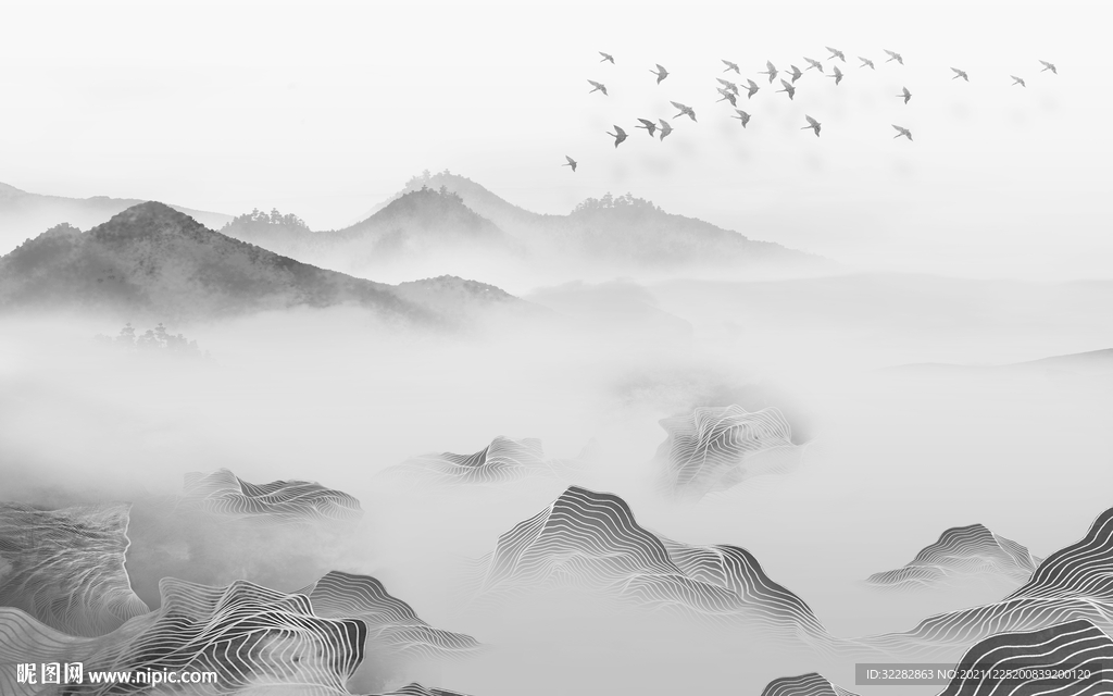 高档中式灰色山水 文件分层 