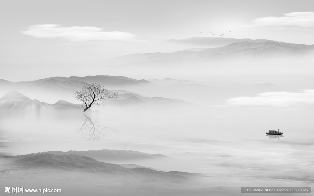 最新中式灰色山水 文件分层 