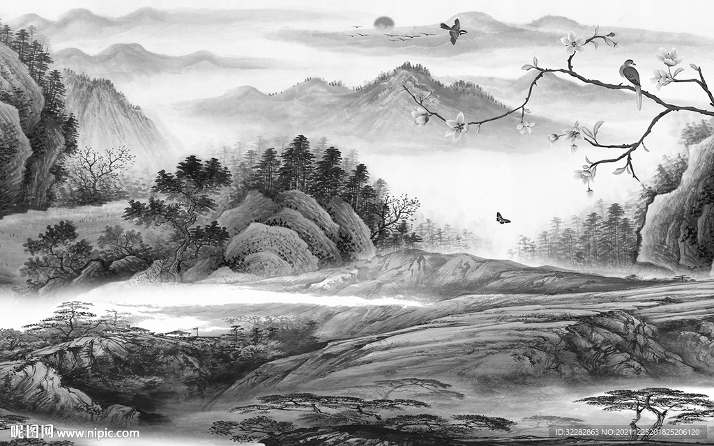 人气 中式灰色山水 文件分层 