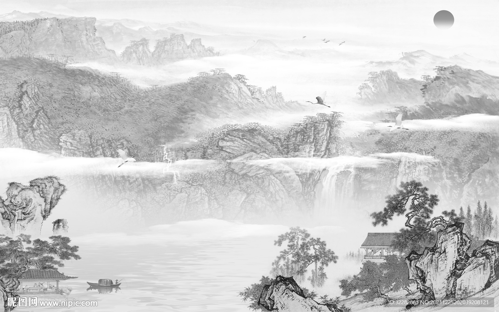 高清 中式灰色山水 文件分层 