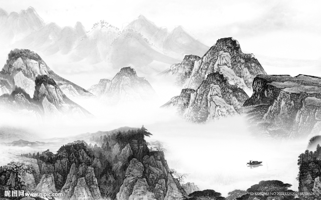 现代 中式灰色山水 文件分层 