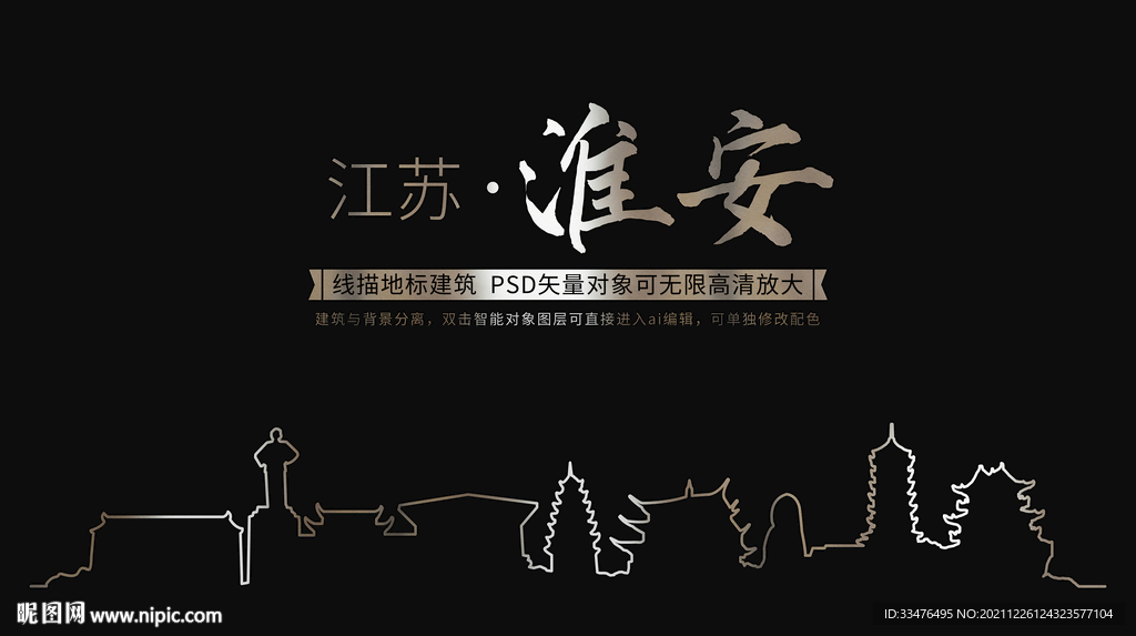 江苏省淮安市线描地标建筑剪影