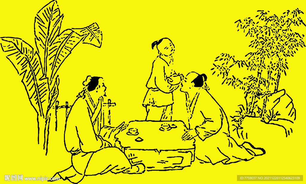 蕉叶品茗图