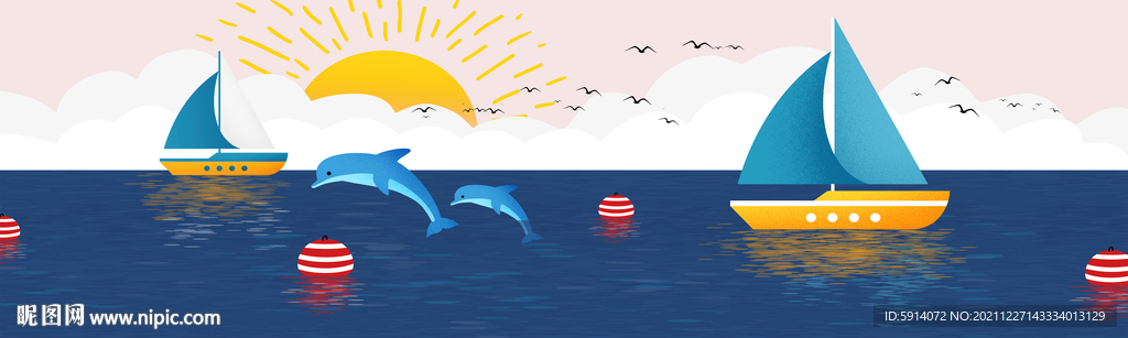 晶瓷画卡通海豚帆船