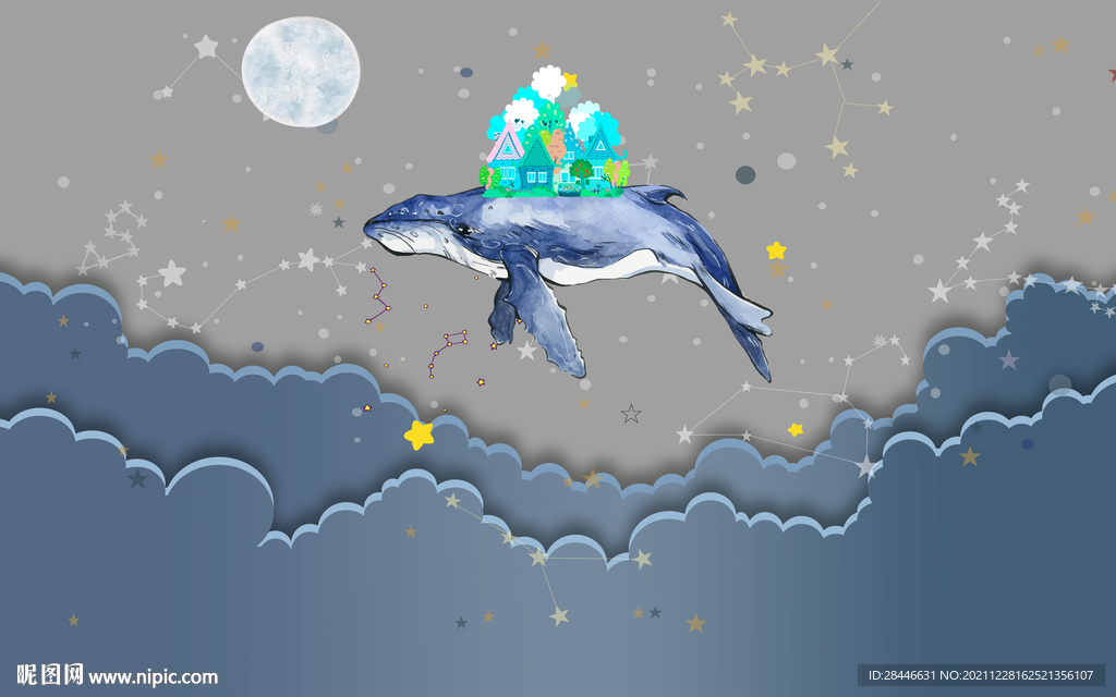 北欧卡通手绘儿童房背景墙   