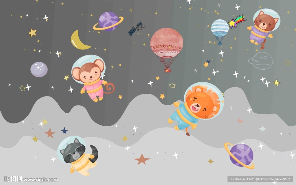 北欧卡通手绘儿童房背景墙   